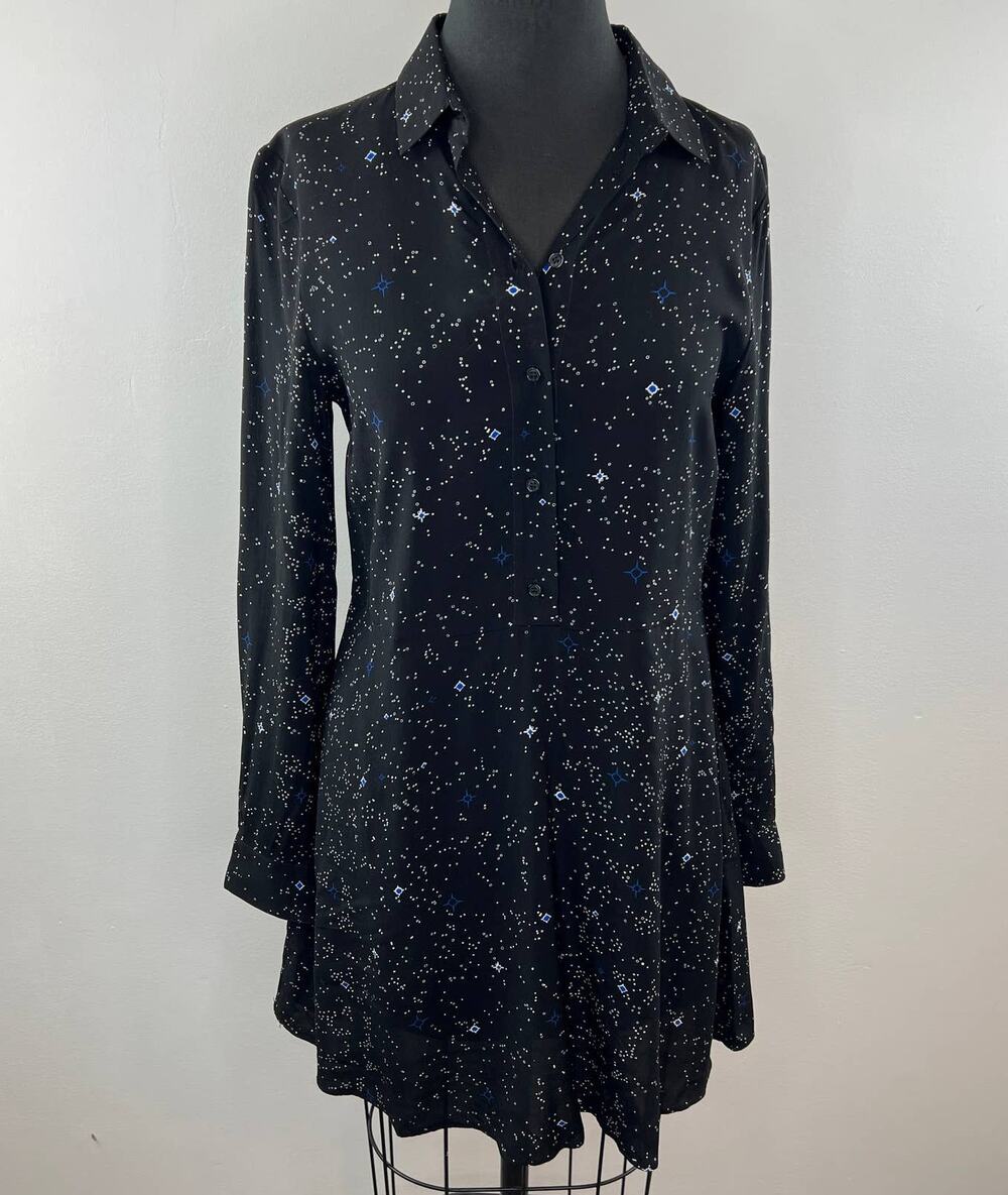 & Other Stories Black Blue Celestial Space Stars Popover Mini Shirt Dress US 6